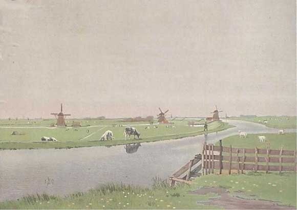 Hollands polderlandschap met molens, koeien, water en een houten brug