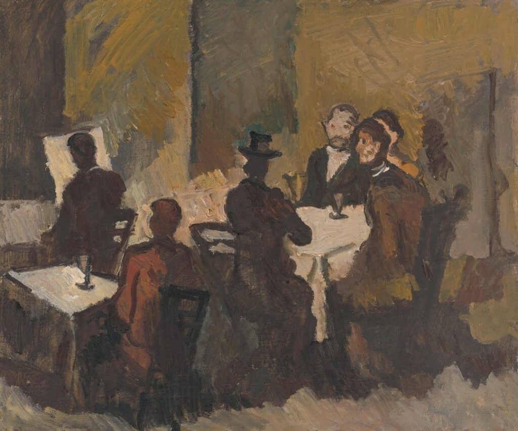 Schilderij van een druk koffiehuis met gesprekken aan tafels