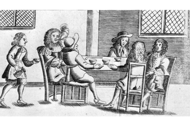 Historische prent van bezoekers die samen koffie drinken in een koffiehuis